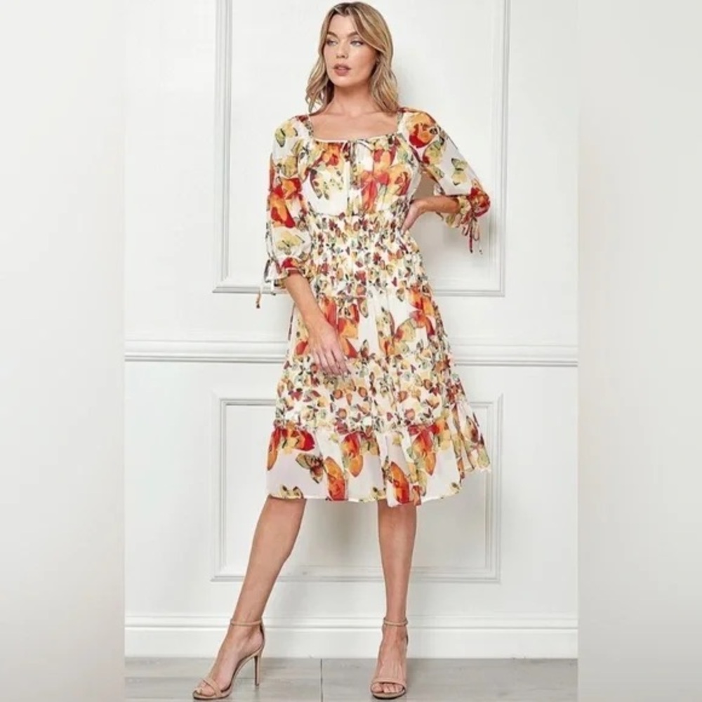 Anthropologie Fig and Flower Multicolor Floral Butterfly Midi Dress Size L